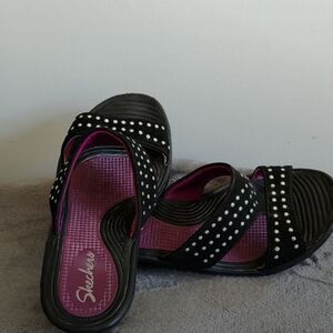 Skeckers, Sz 6, Black Faux Suede/Studs Strappy Mules Slip on Wedge Heels